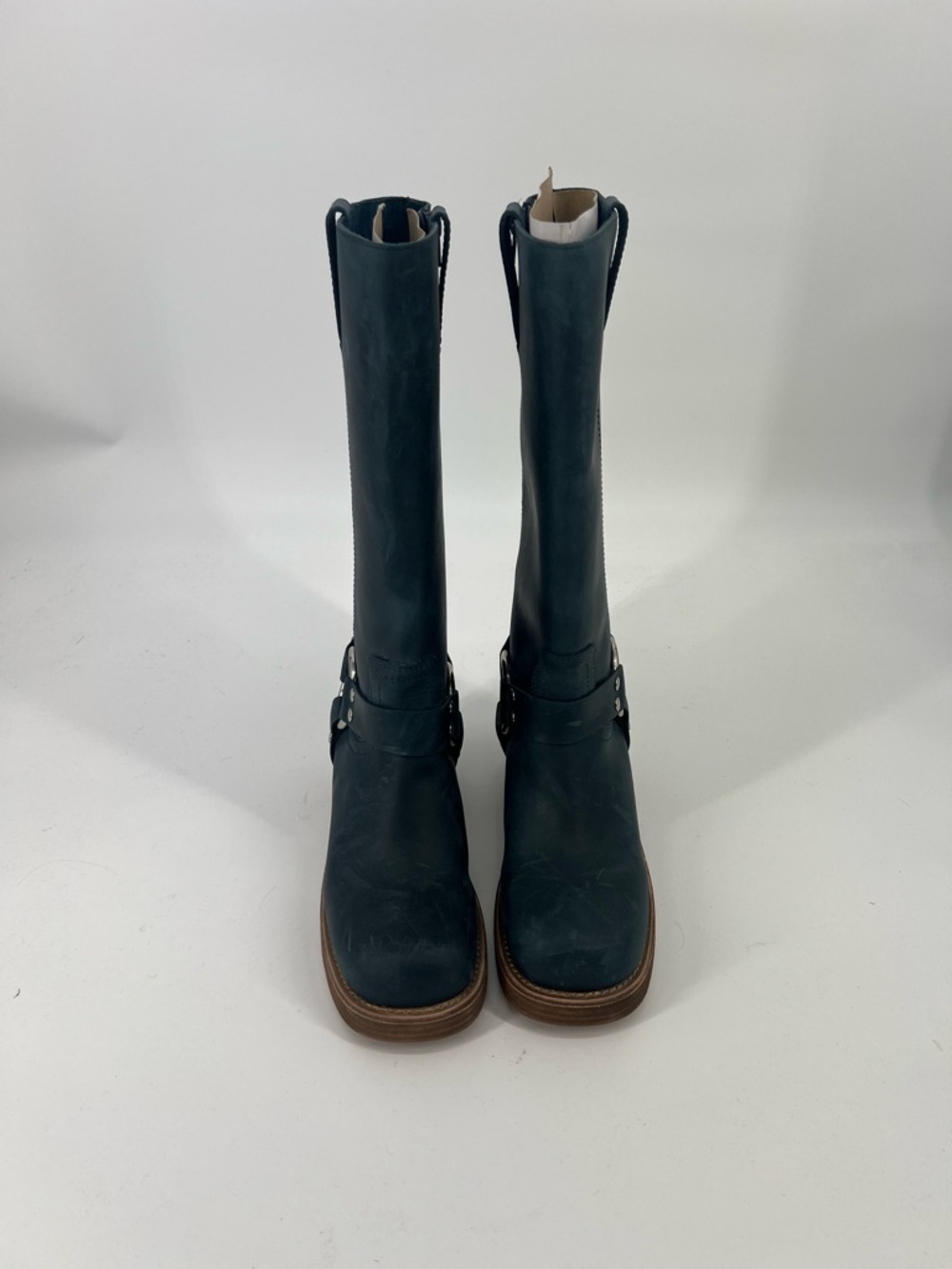 Jeffrey Campbell Reflection Blue Harness Mid-Calf Boots with Brown Stacked Heel - Picture 6 of 13